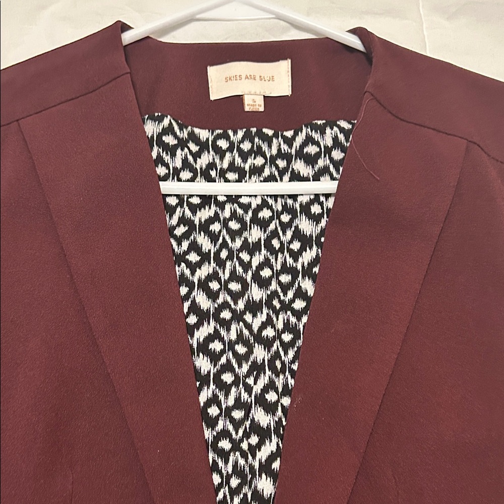Skies are Blue Burgundy Blazer with Patterned Lining - Picture 3 of 6